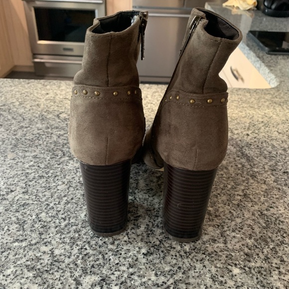 Army Greenish Gray Suede Zip Side Booties with 3 1/4 inch Wood Color Heel - Picture 3 of 3